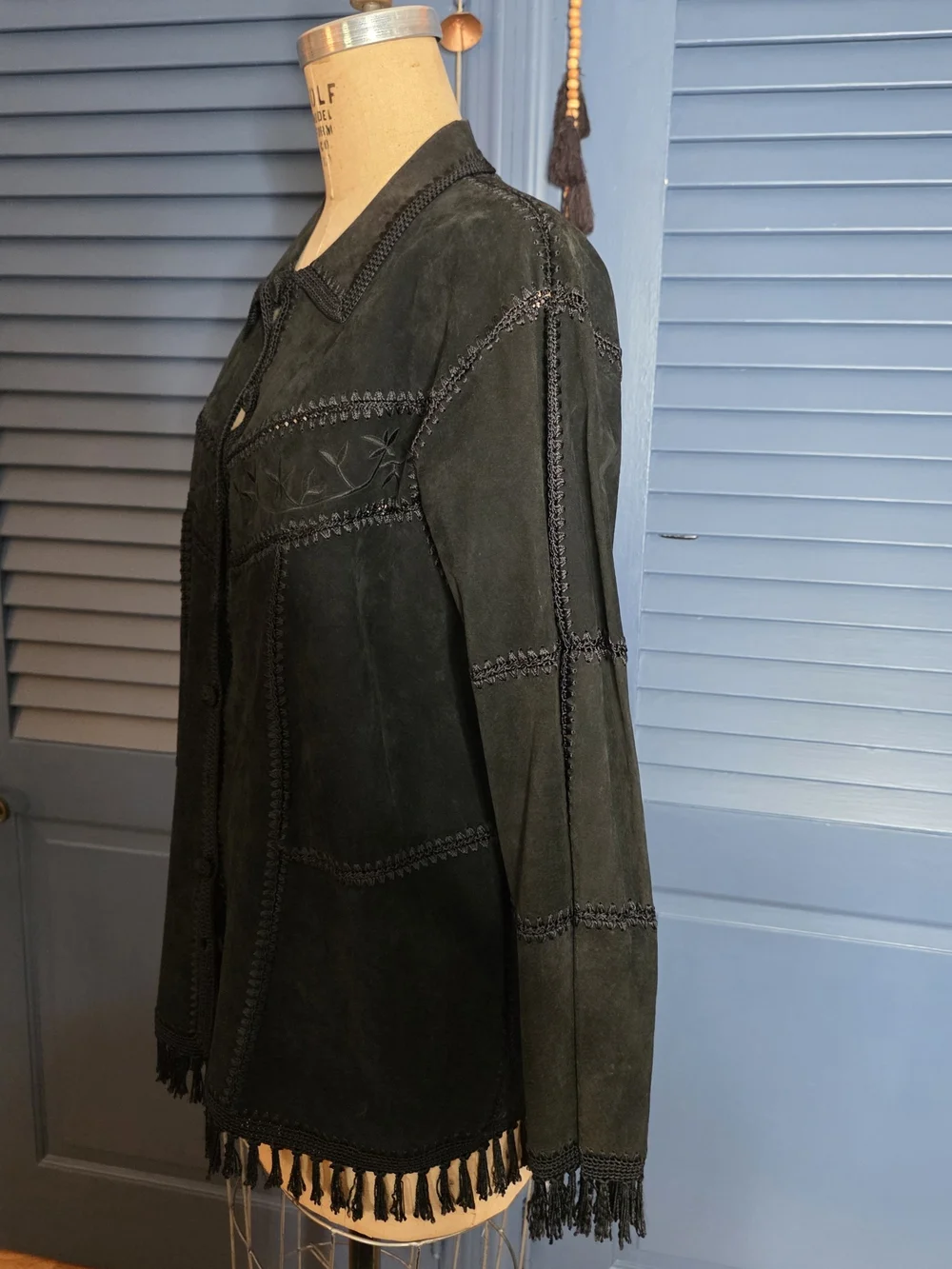 VTG Dressbarn Black Suede Leather Patchwork Western Fringe Jacket Boho 16W